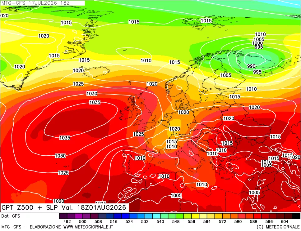 mappa GFS: Geopotenziale a 500 hPa + Pressione sul livello del mare