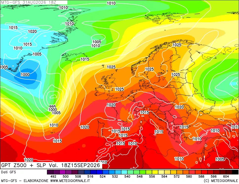 mappa GFS: Geopotenziale a 500 hPa + Pressione sul livello del mare