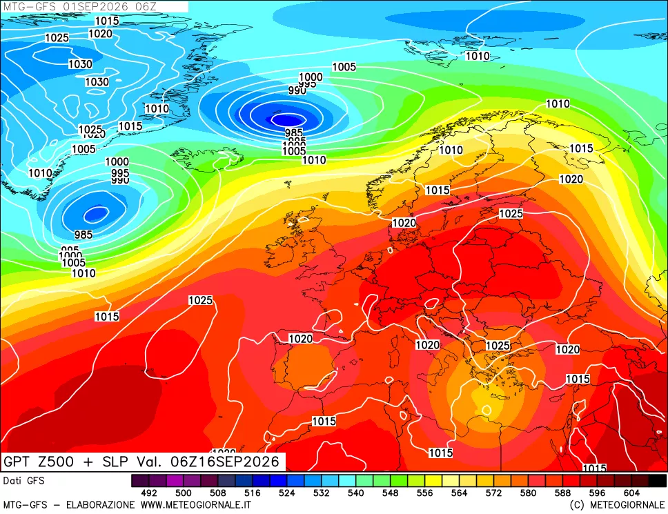 mappa GFS: Geopotenziale a 500 hPa + Pressione sul livello del mare