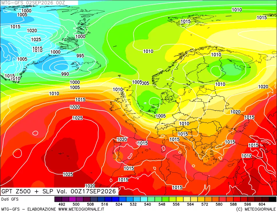 mappa GFS: Geopotenziale a 500 hPa + Pressione sul livello del mare