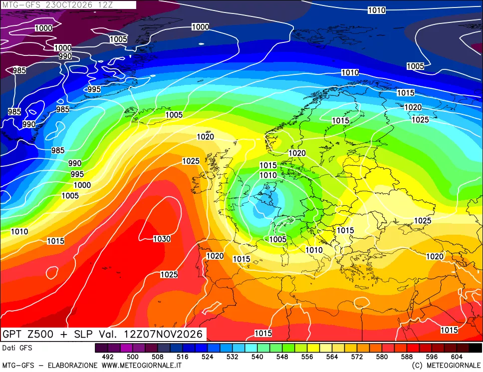 mappa GFS: Geopotenziale a 500 hPa + Pressione sul livello del mare