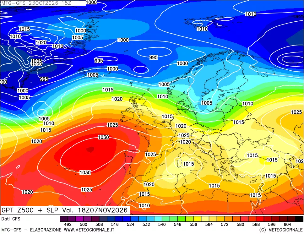 mappa GFS: Geopotenziale a 500 hPa + Pressione sul livello del mare