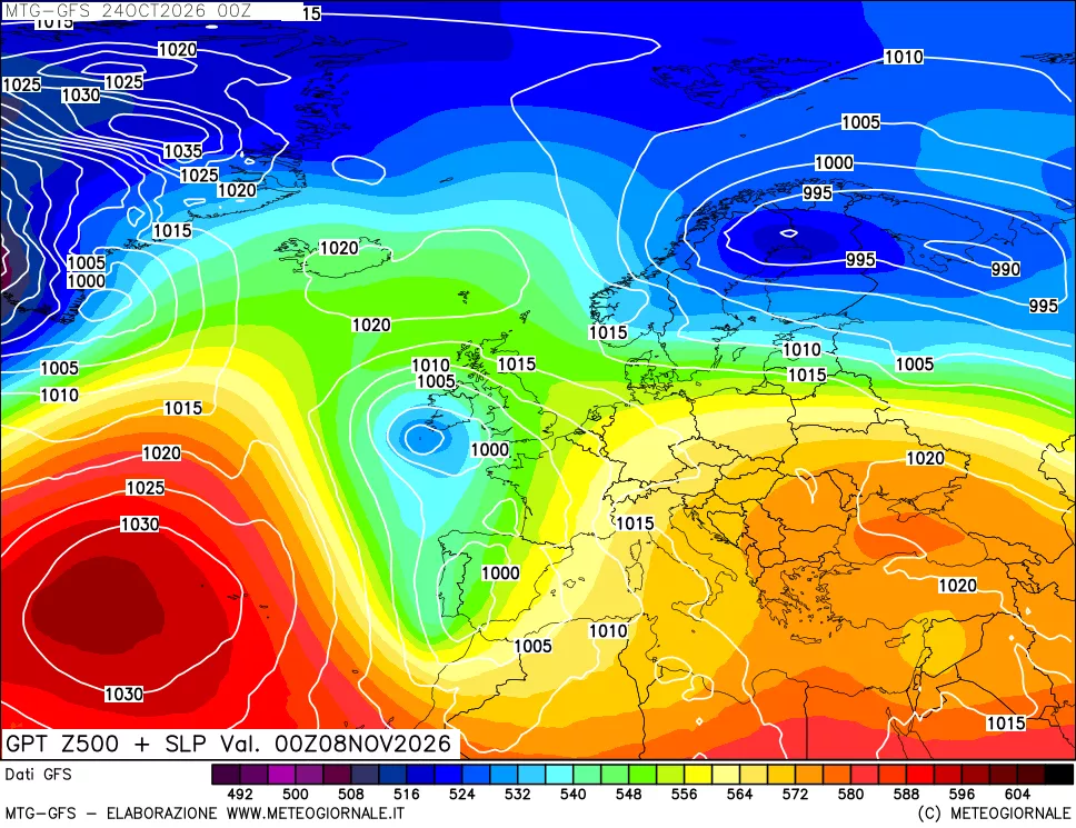mappa GFS: Geopotenziale a 500 hPa + Pressione sul livello del mare