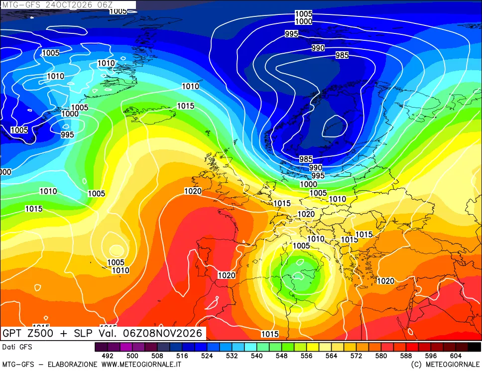 mappa GFS: Geopotenziale a 500 hPa + Pressione sul livello del mare
