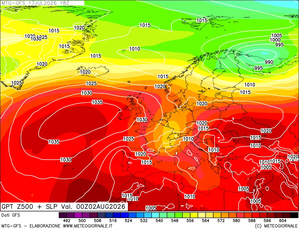 mappa GFS: Geopotenziale a 500 hPa + Pressione sul livello del mare