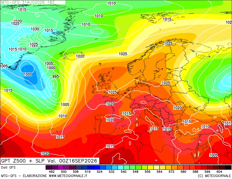 mappa GFS: Geopotenziale a 500 hPa + Pressione sul livello del mare