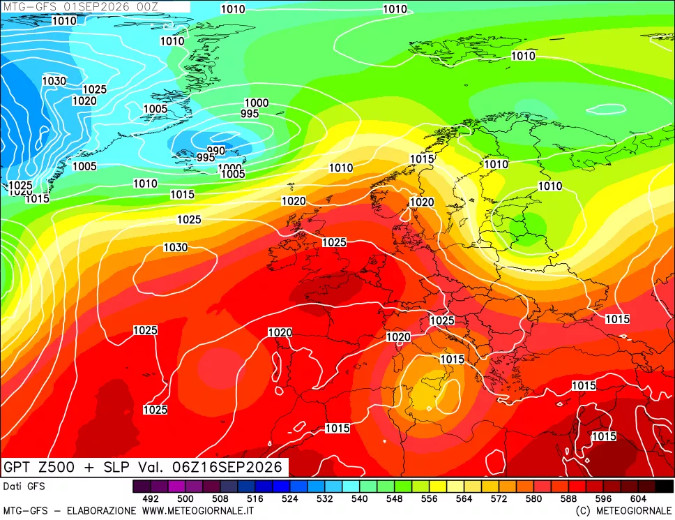 mappa GFS: Geopotenziale a 500 hPa + Pressione sul livello del mare