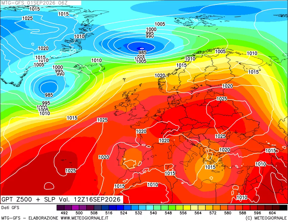 mappa GFS: Geopotenziale a 500 hPa + Pressione sul livello del mare
