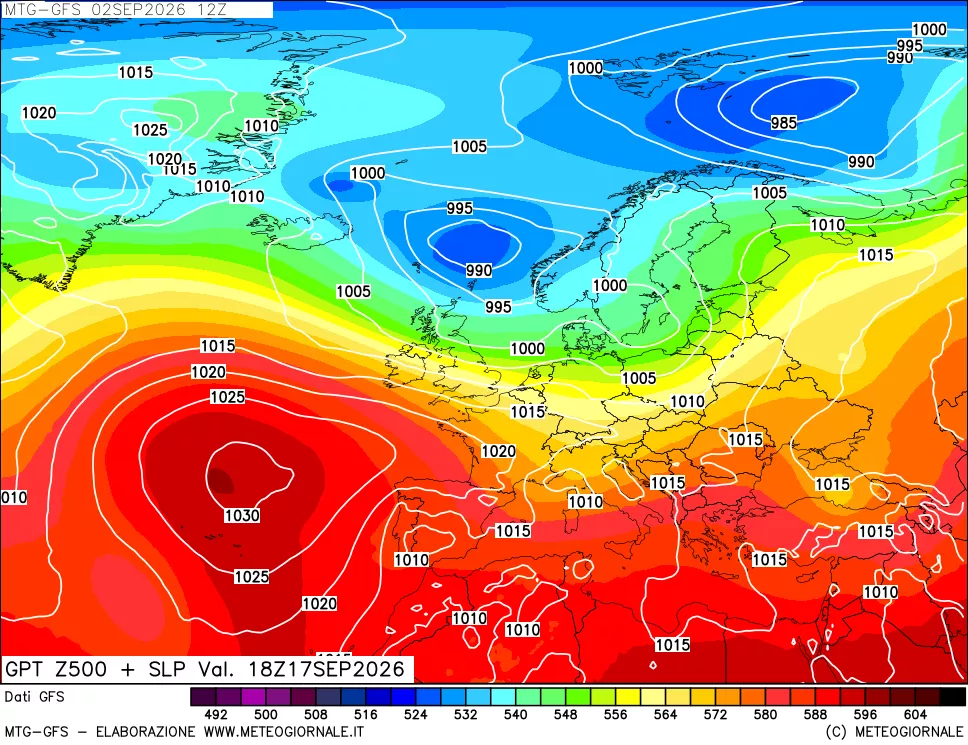 mappa GFS: Geopotenziale a 500 hPa + Pressione sul livello del mare