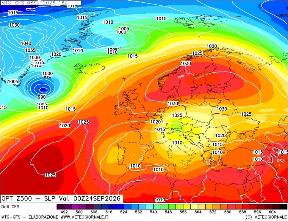 mappa GFS: Geopotenziale a 500 hPa + Pressione sul livello del mare