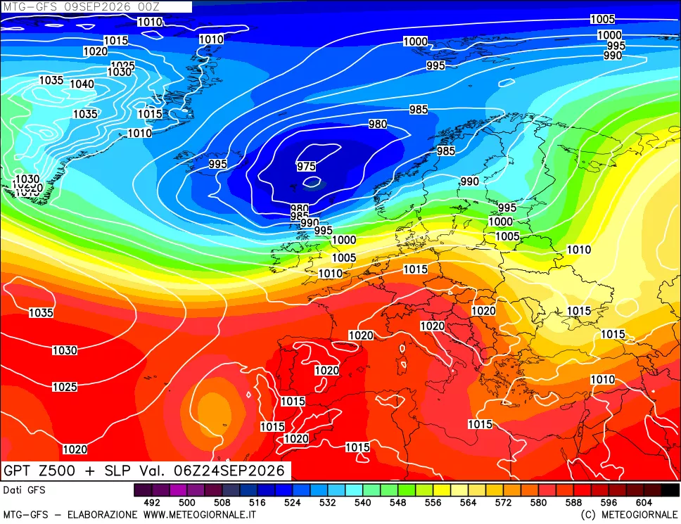 mappa GFS: Geopotenziale a 500 hPa + Pressione sul livello del mare