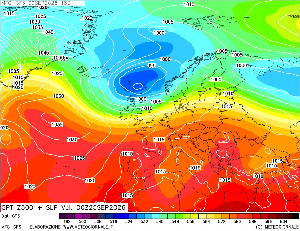 mappa GFS: Geopotenziale a 500 hPa + Pressione sul livello del mare