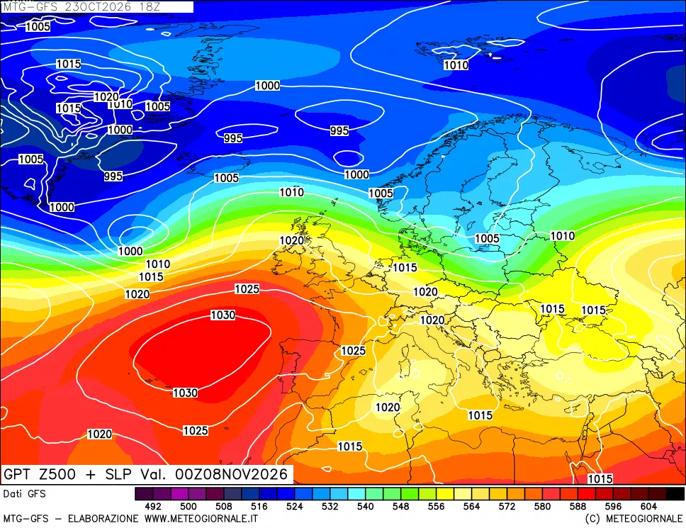 mappa GFS: Geopotenziale a 500 hPa + Pressione sul livello del mare