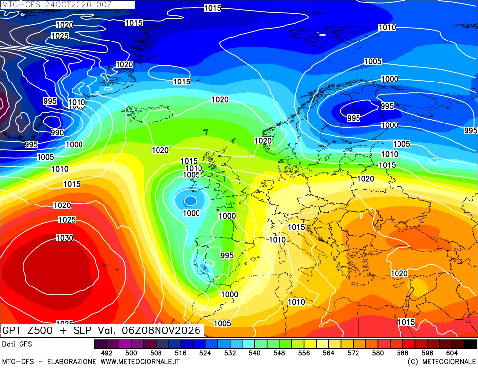 mappa GFS: Geopotenziale a 500 hPa + Pressione sul livello del mare