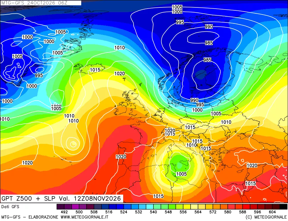 mappa GFS: Geopotenziale a 500 hPa + Pressione sul livello del mare