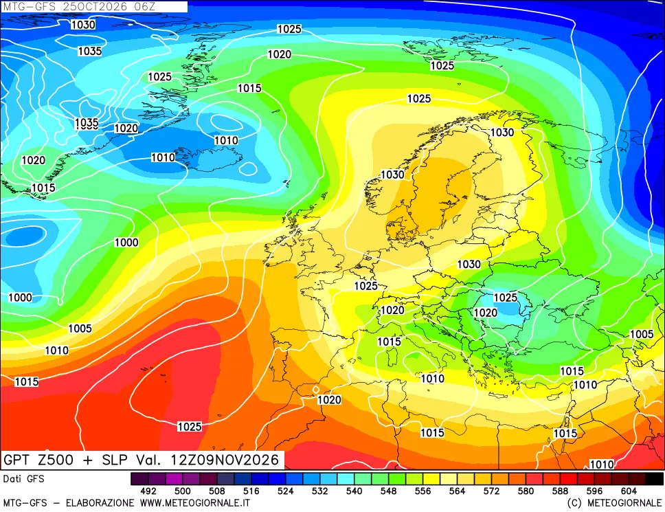 mappa GFS: Geopotenziale a 500 hPa + Pressione sul livello del mare