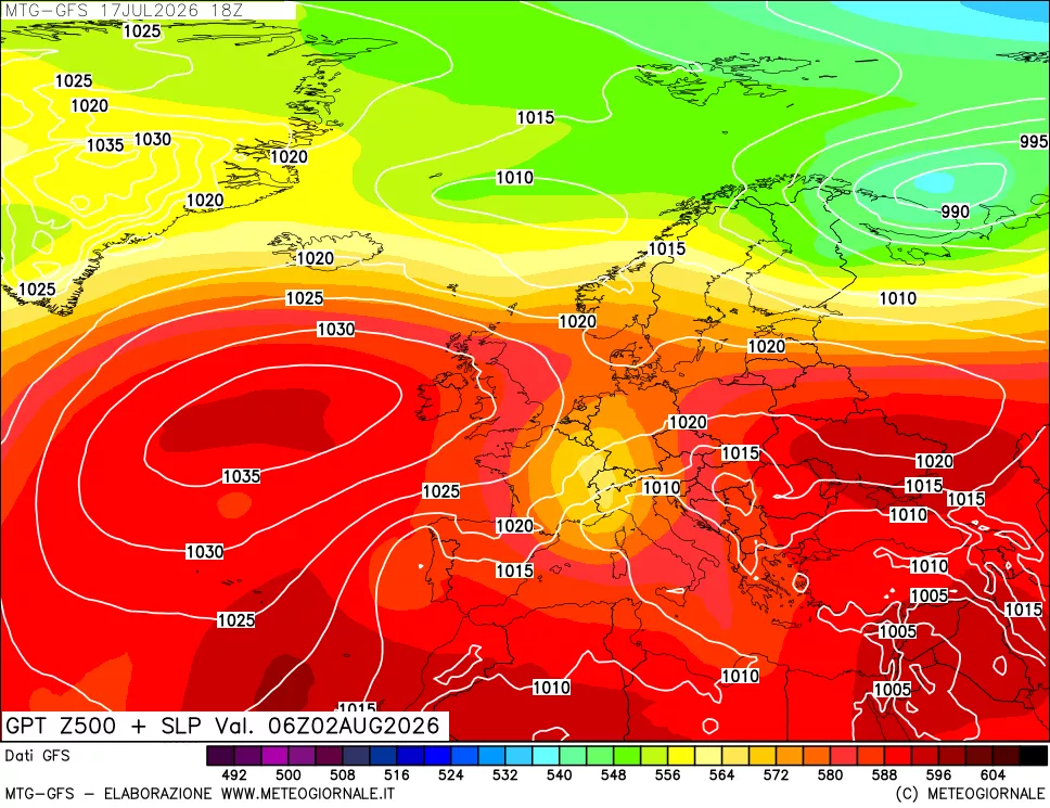 mappa GFS: Geopotenziale a 500 hPa + Pressione sul livello del mare