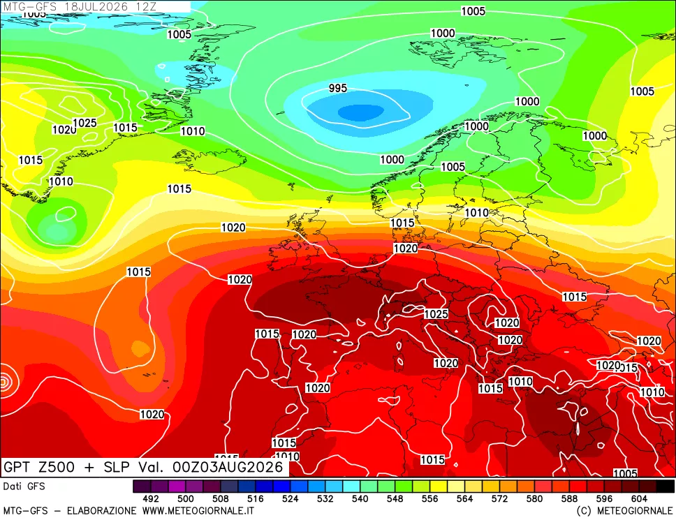 mappa GFS: Geopotenziale a 500 hPa + Pressione sul livello del mare