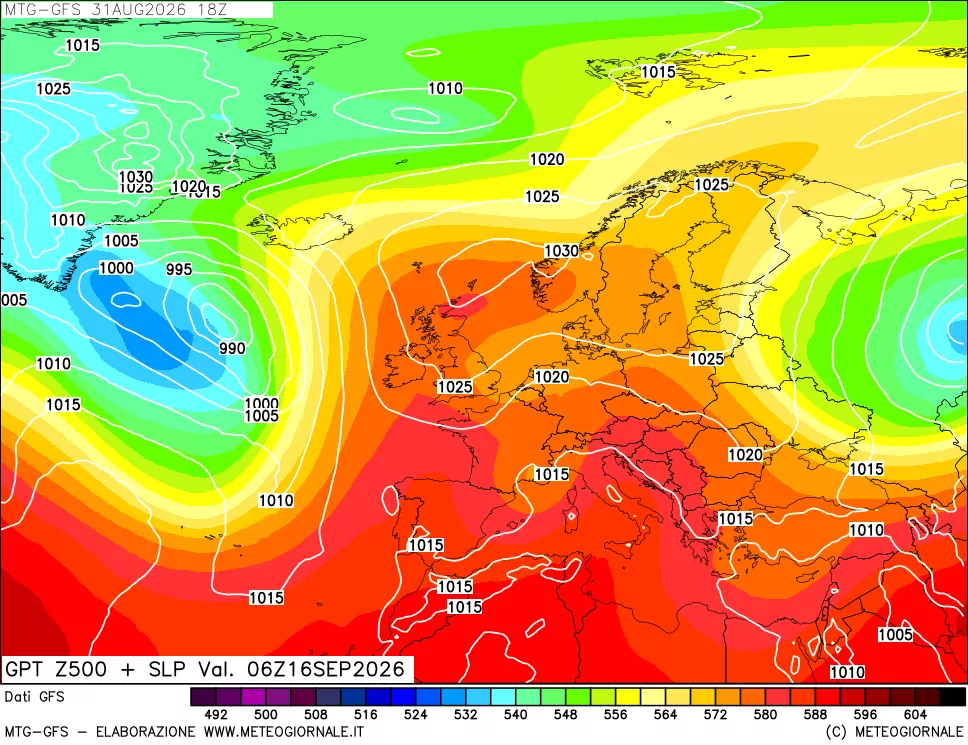 mappa GFS: Geopotenziale a 500 hPa + Pressione sul livello del mare
