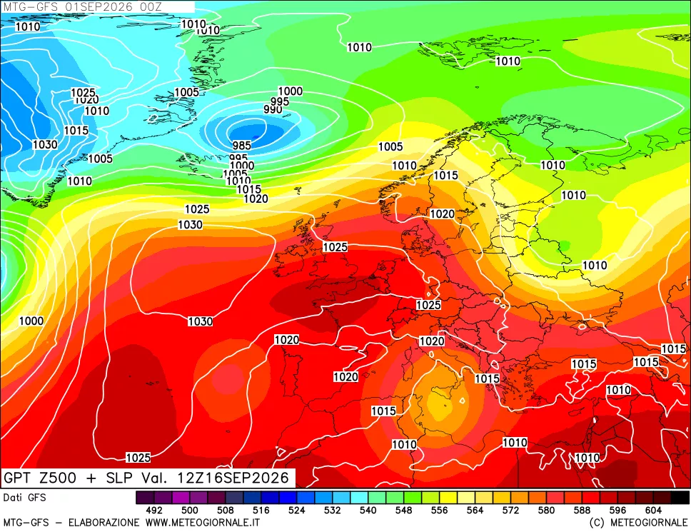 mappa GFS: Geopotenziale a 500 hPa + Pressione sul livello del mare