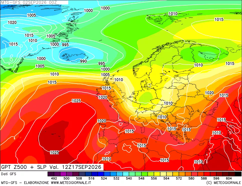 mappa GFS: Geopotenziale a 500 hPa + Pressione sul livello del mare