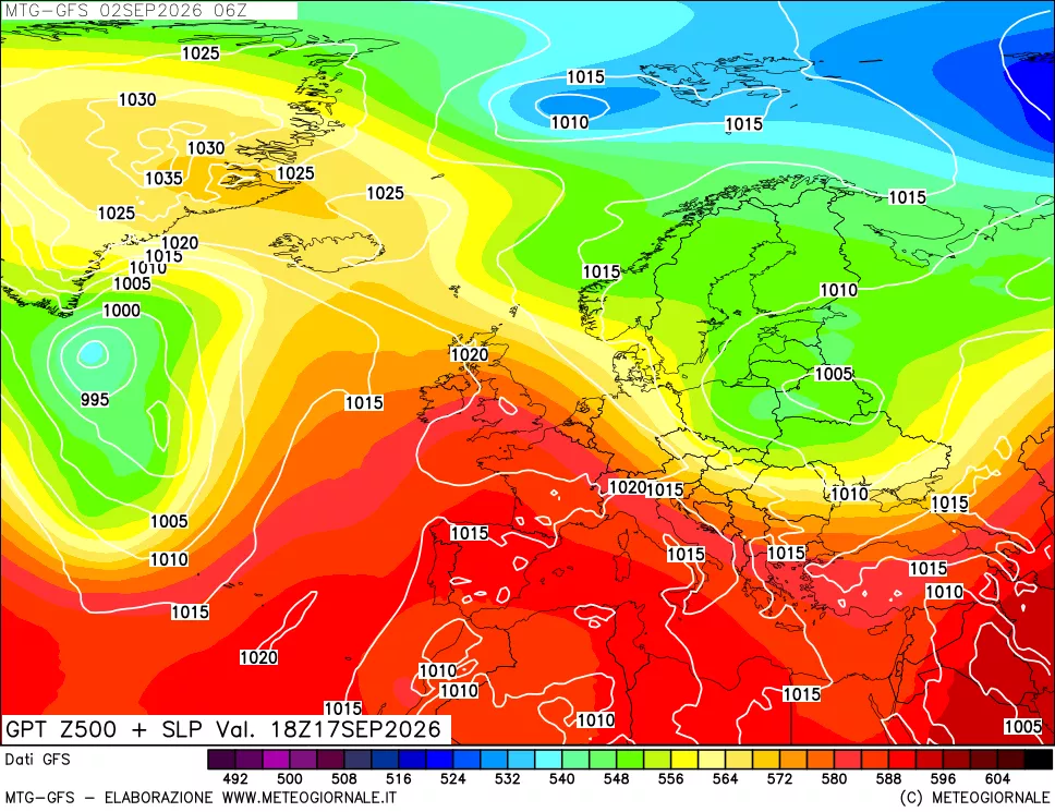 mappa GFS: Geopotenziale a 500 hPa + Pressione sul livello del mare
