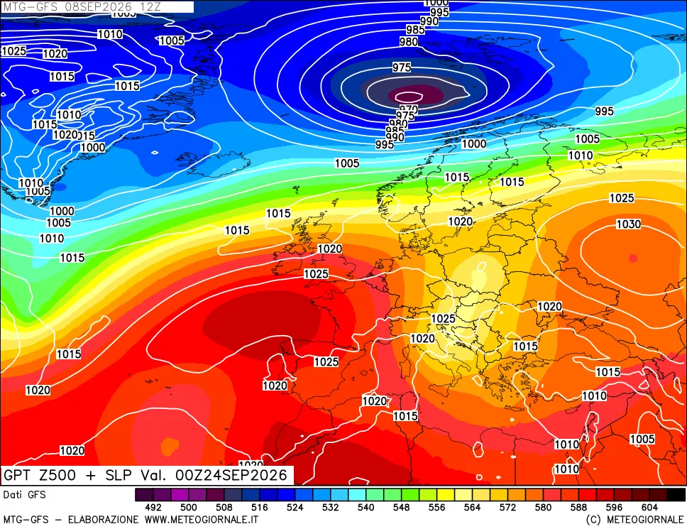 mappa GFS: Geopotenziale a 500 hPa + Pressione sul livello del mare