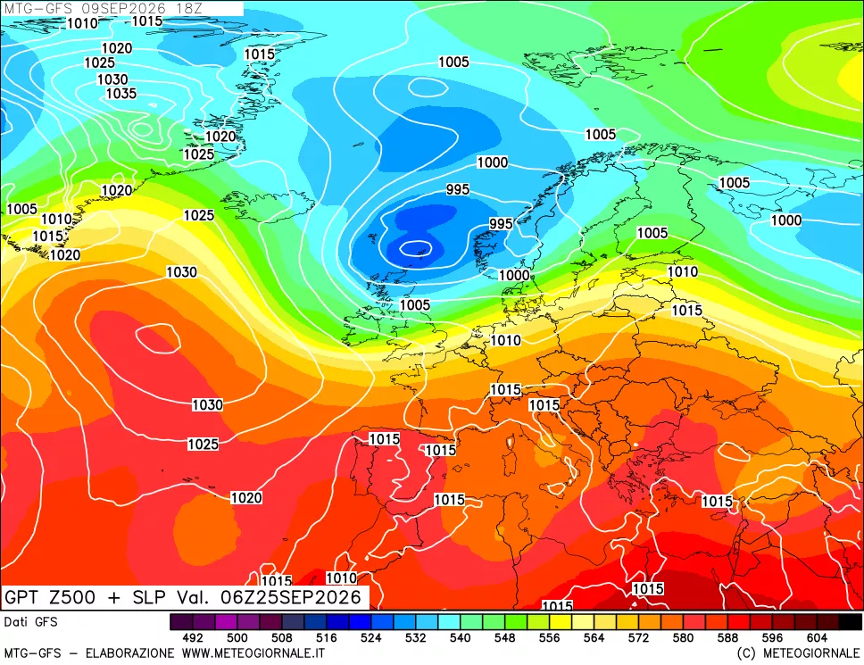 mappa GFS: Geopotenziale a 500 hPa + Pressione sul livello del mare