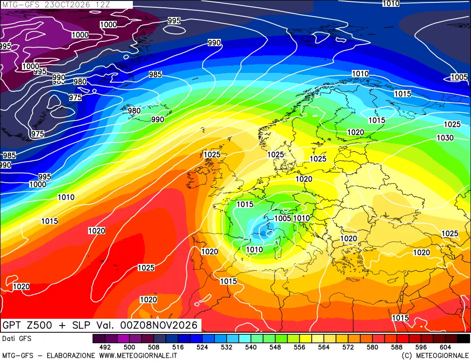 mappa GFS: Geopotenziale a 500 hPa + Pressione sul livello del mare