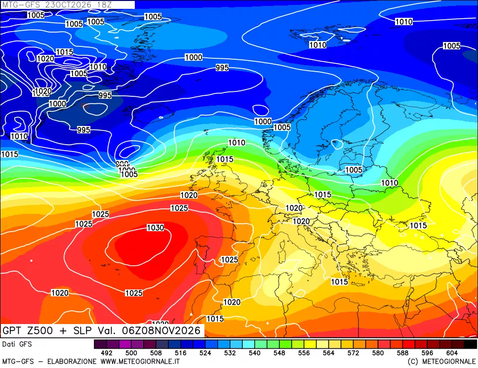 mappa GFS: Geopotenziale a 500 hPa + Pressione sul livello del mare