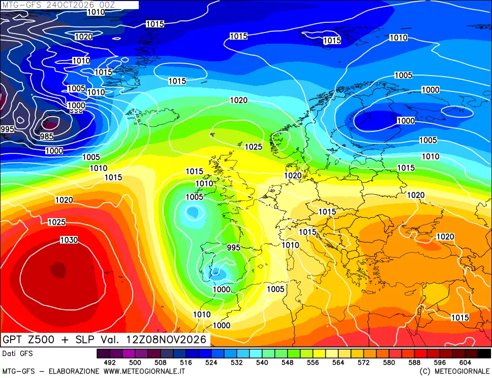 mappa GFS: Geopotenziale a 500 hPa + Pressione sul livello del mare