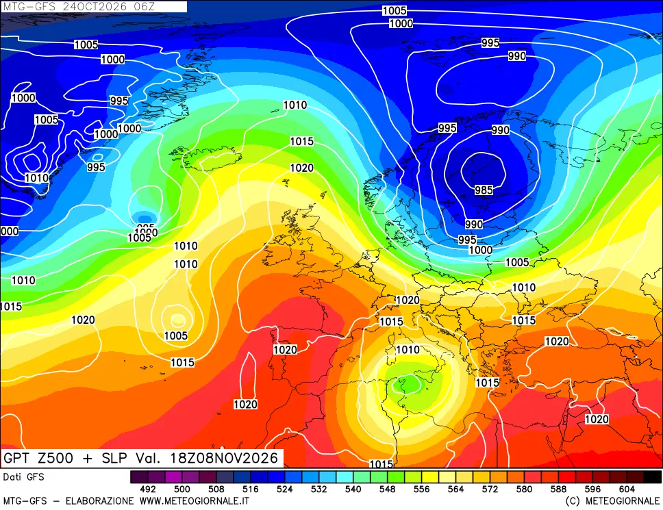 mappa GFS: Geopotenziale a 500 hPa + Pressione sul livello del mare