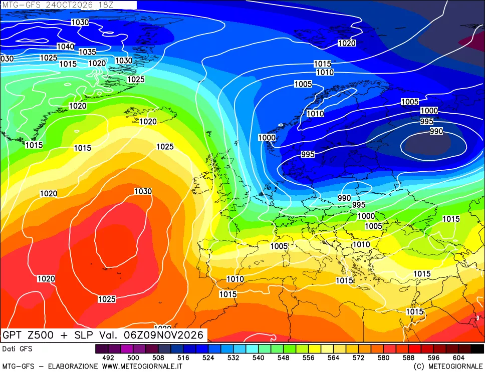 mappa GFS: Geopotenziale a 500 hPa + Pressione sul livello del mare