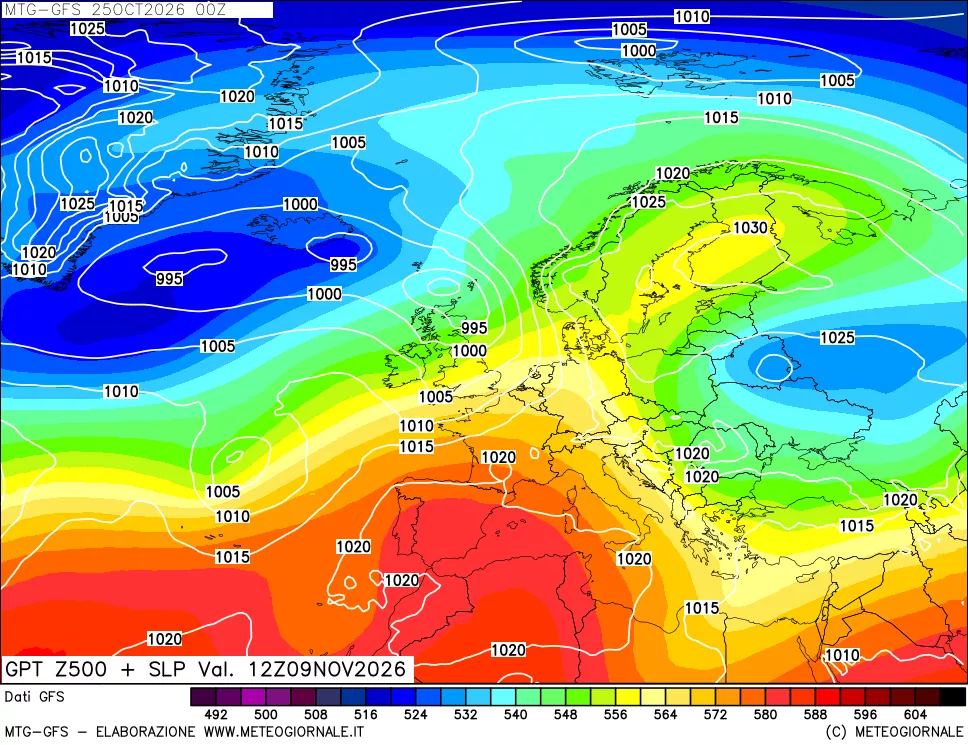 mappa GFS: Geopotenziale a 500 hPa + Pressione sul livello del mare