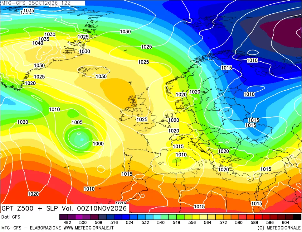 mappa GFS: Geopotenziale a 500 hPa + Pressione sul livello del mare
