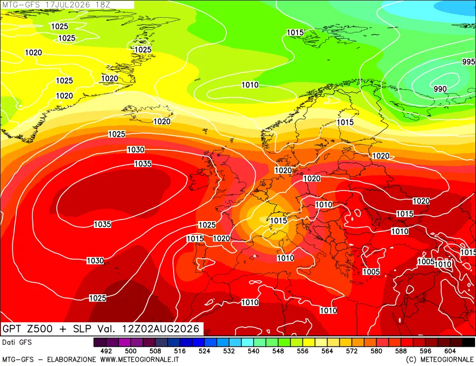 mappa GFS: Geopotenziale a 500 hPa + Pressione sul livello del mare