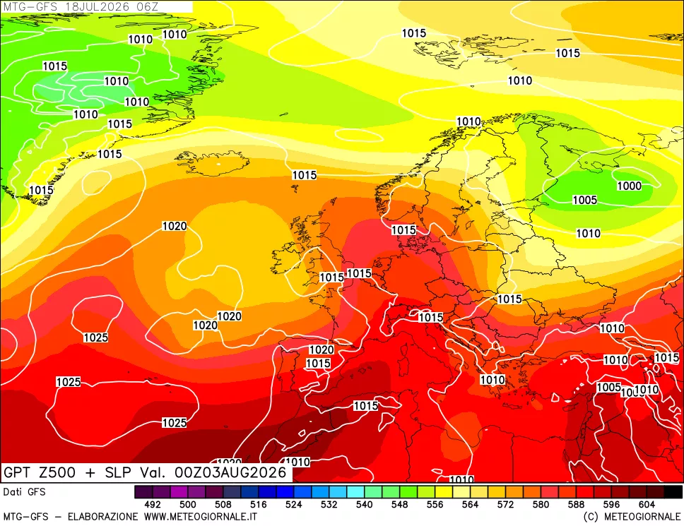 mappa GFS: Geopotenziale a 500 hPa + Pressione sul livello del mare