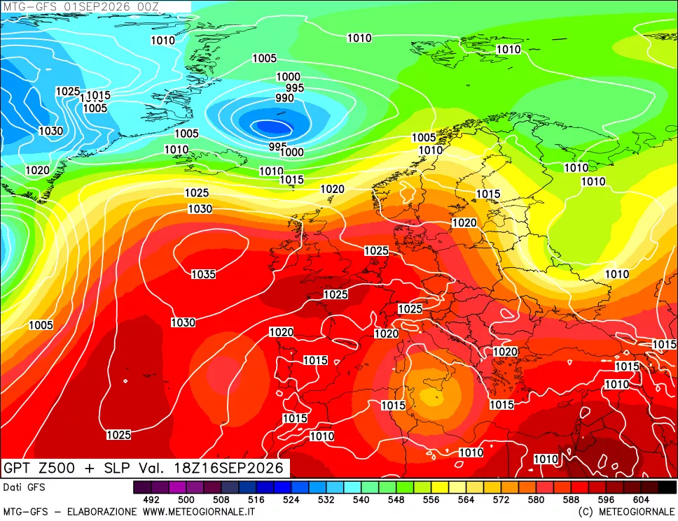 mappa GFS: Geopotenziale a 500 hPa + Pressione sul livello del mare