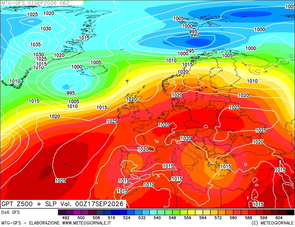 mappa GFS: Geopotenziale a 500 hPa + Pressione sul livello del mare