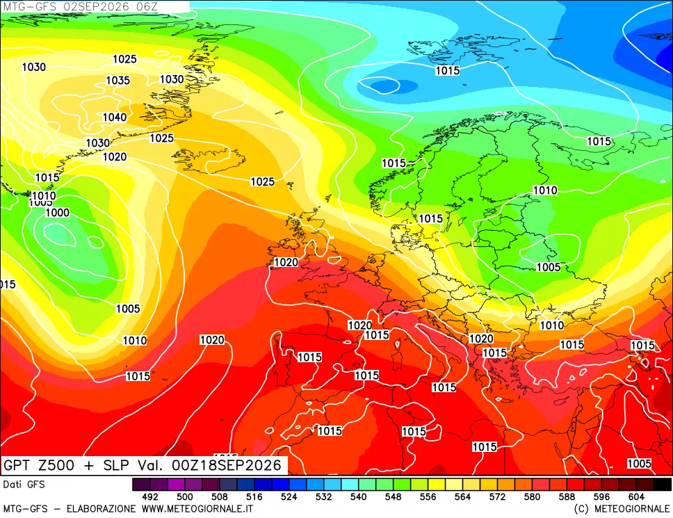mappa GFS: Geopotenziale a 500 hPa + Pressione sul livello del mare