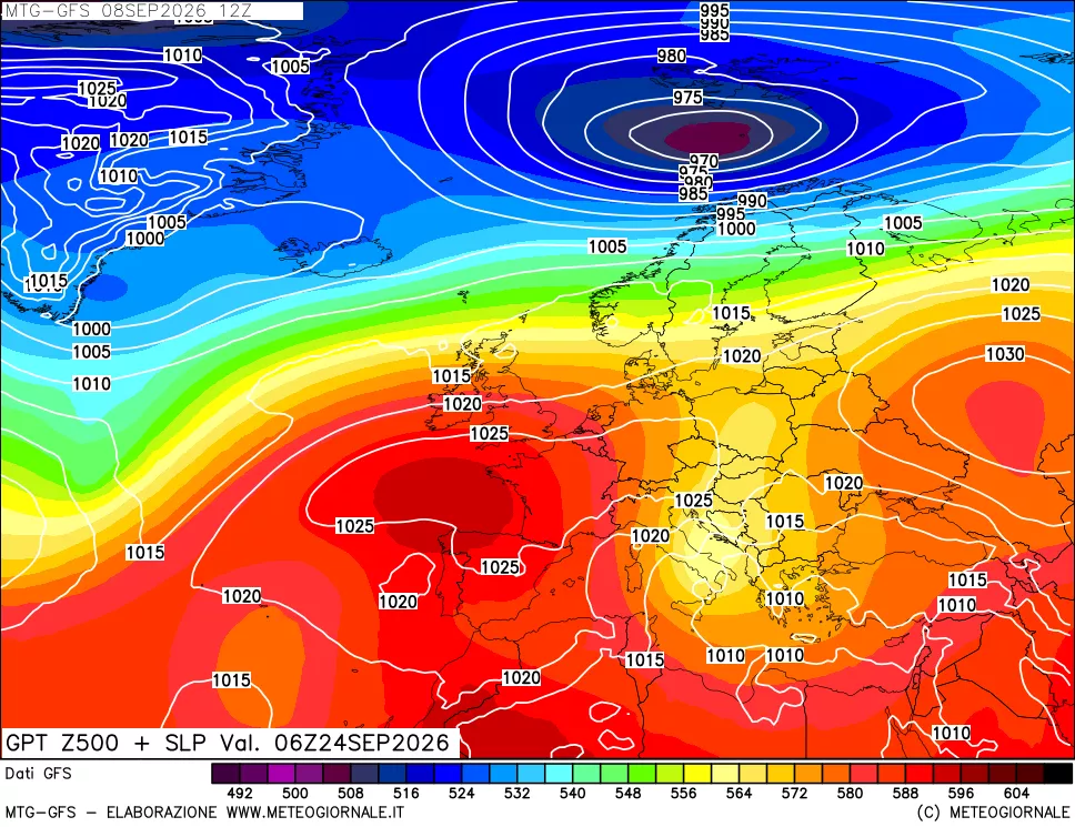 mappa GFS: Geopotenziale a 500 hPa + Pressione sul livello del mare