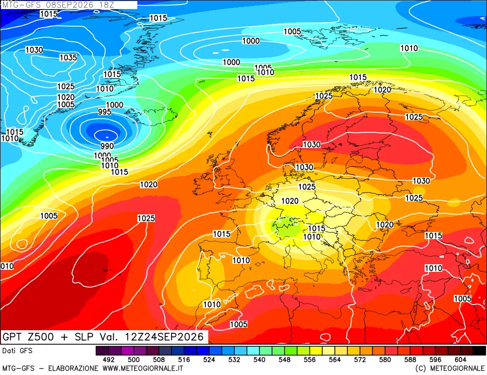 mappa GFS: Geopotenziale a 500 hPa + Pressione sul livello del mare