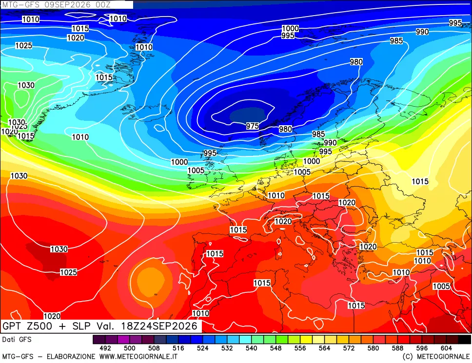 mappa GFS: Geopotenziale a 500 hPa + Pressione sul livello del mare
