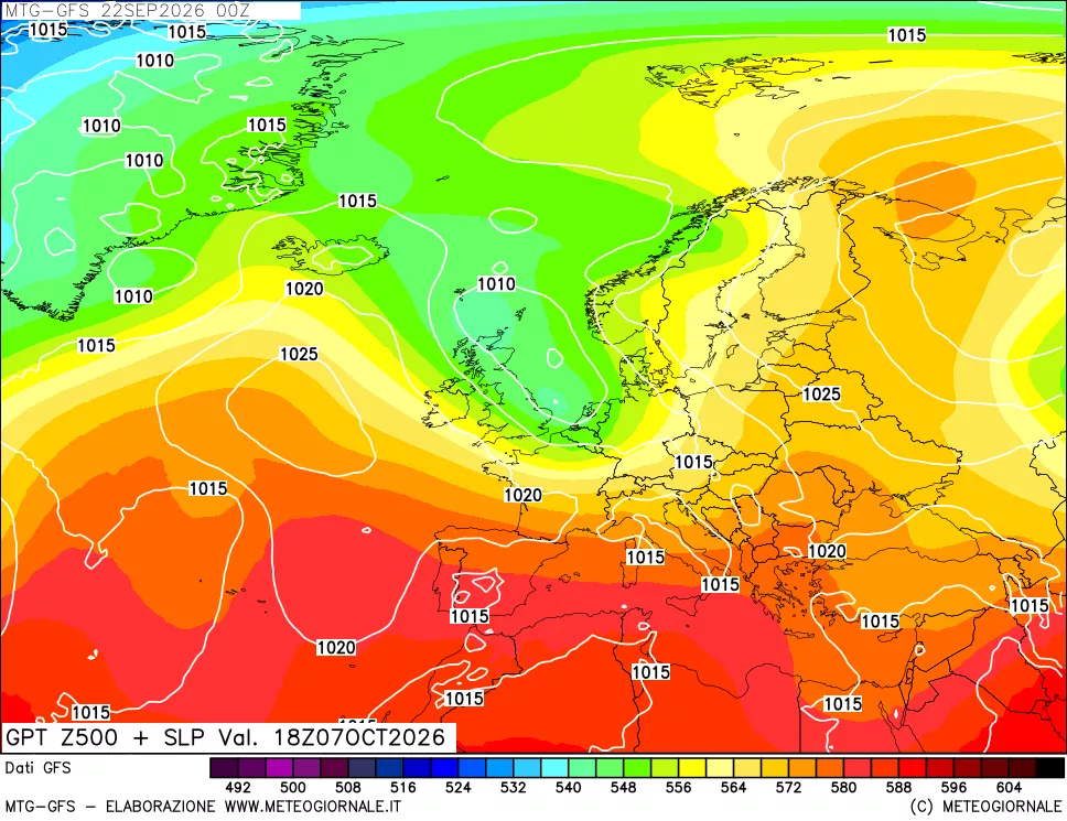 mappa GFS: Geopotenziale a 500 hPa + Pressione sul livello del mare