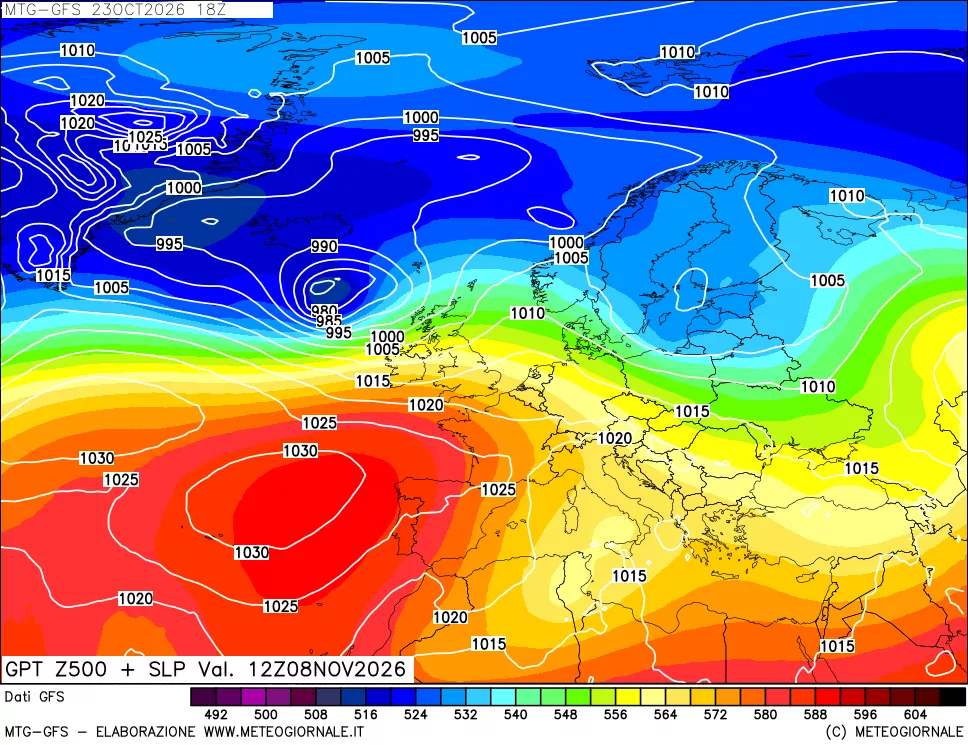 mappa GFS: Geopotenziale a 500 hPa + Pressione sul livello del mare