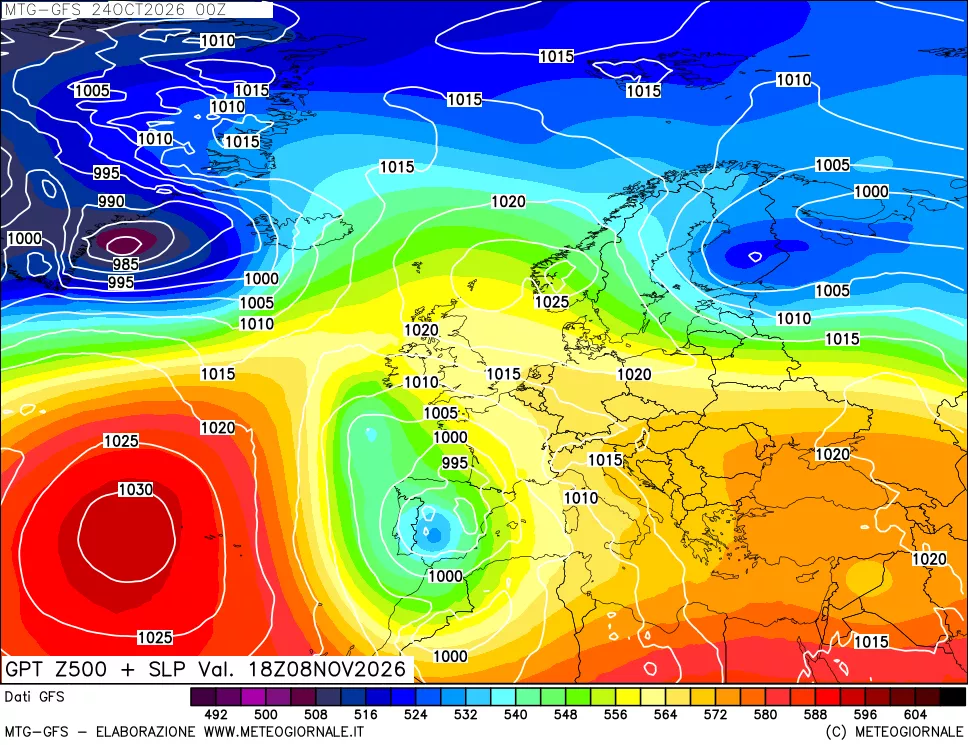 mappa GFS: Geopotenziale a 500 hPa + Pressione sul livello del mare