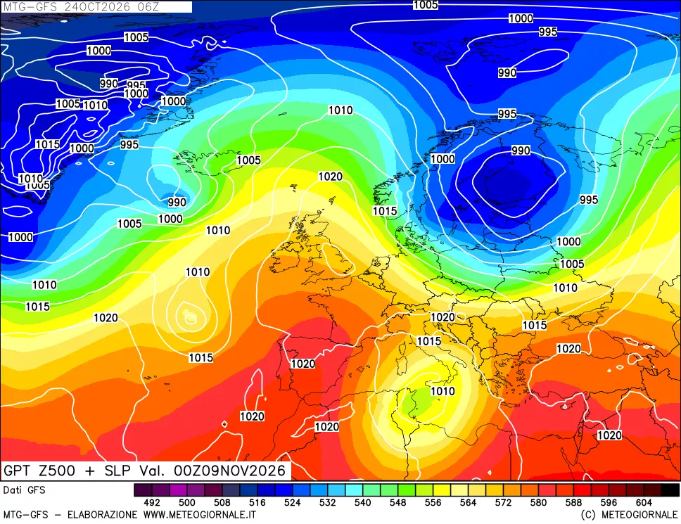 mappa GFS: Geopotenziale a 500 hPa + Pressione sul livello del mare
