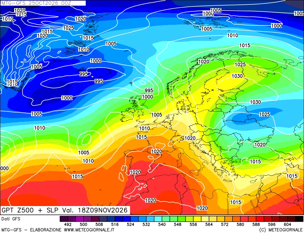 mappa GFS: Geopotenziale a 500 hPa + Pressione sul livello del mare