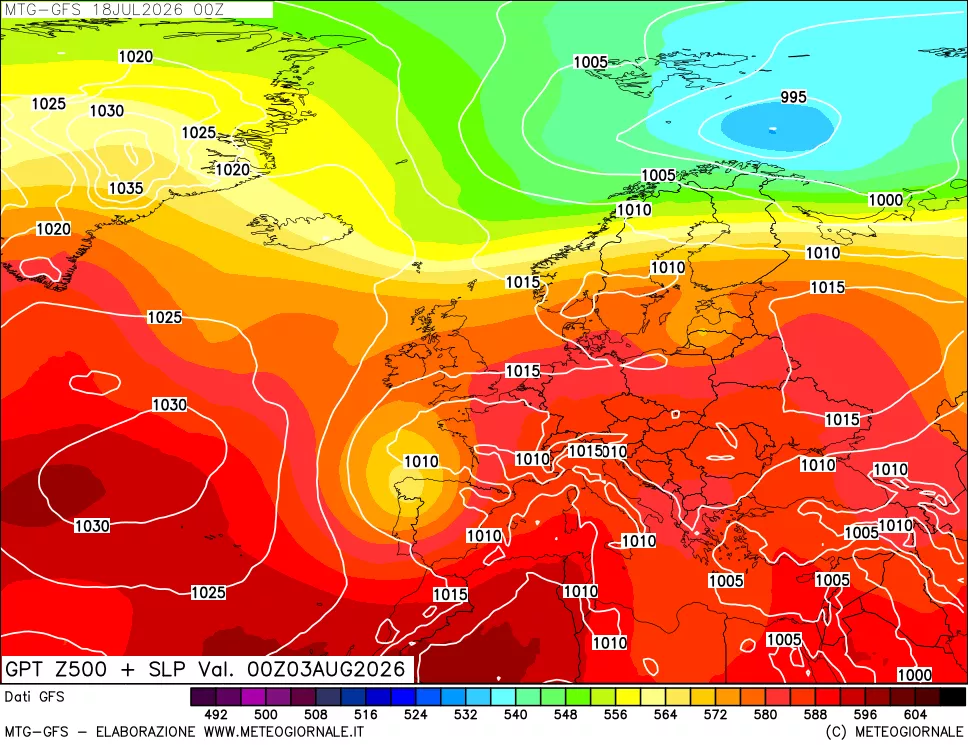 mappa GFS: Geopotenziale a 500 hPa + Pressione sul livello del mare