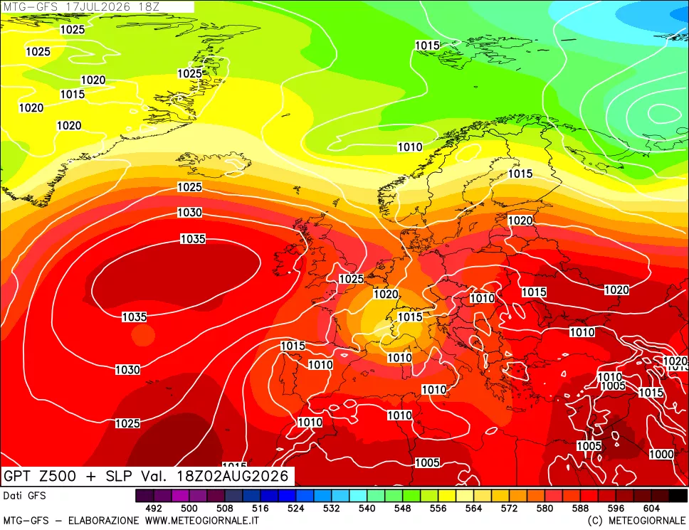 mappa GFS: Geopotenziale a 500 hPa + Pressione sul livello del mare